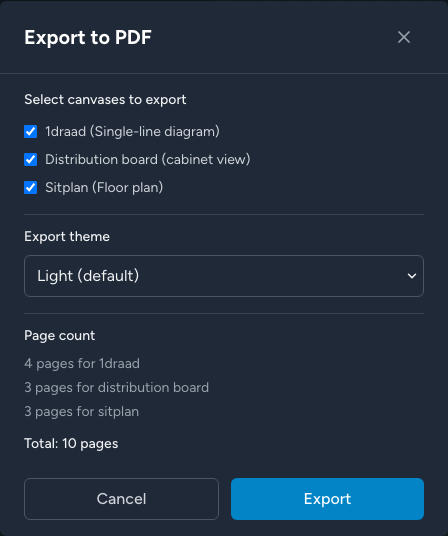 PDF-exportdialoog met pagina- en projectopties