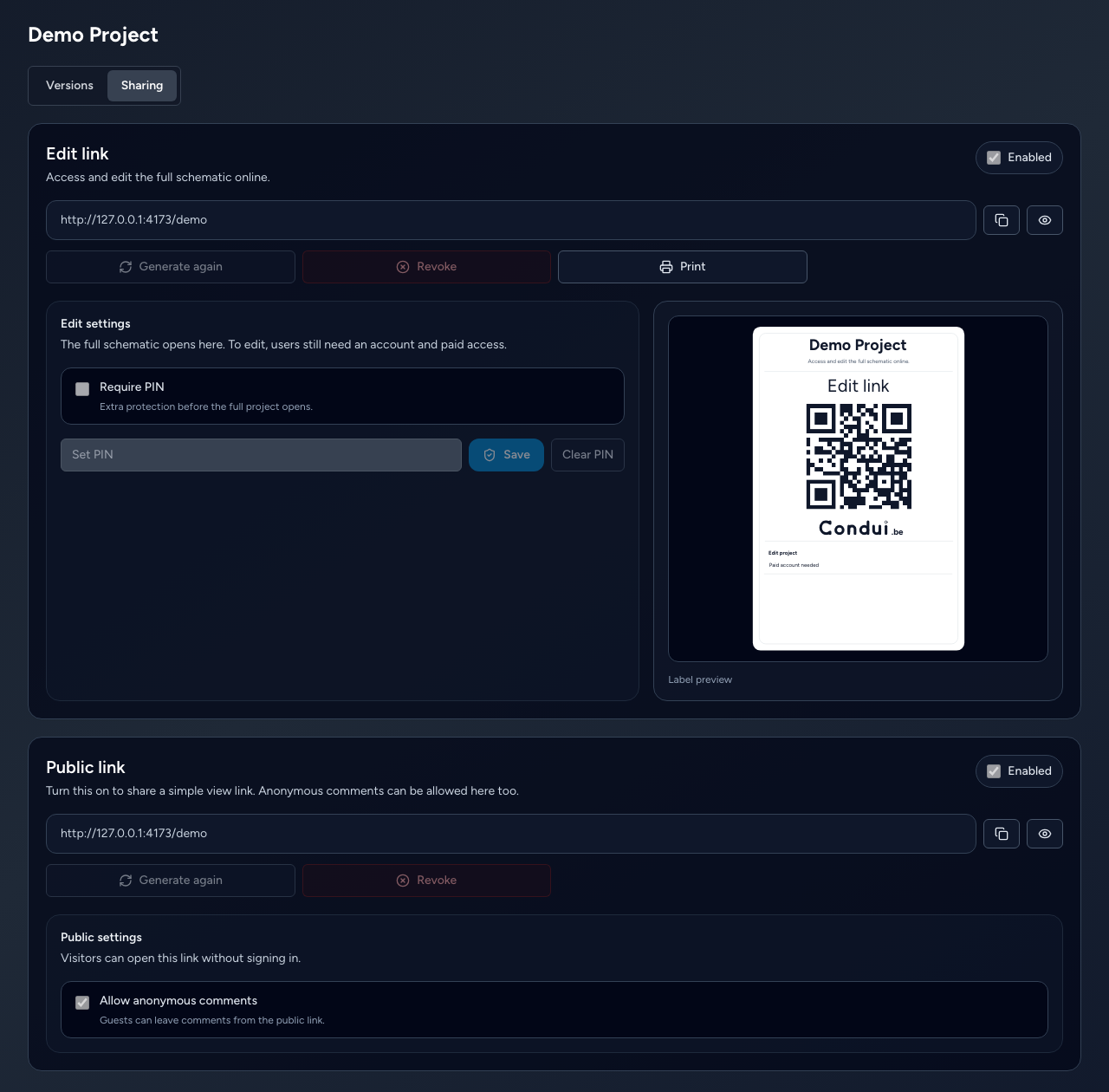 Beheer van een beveiligde projectlink en QR-label